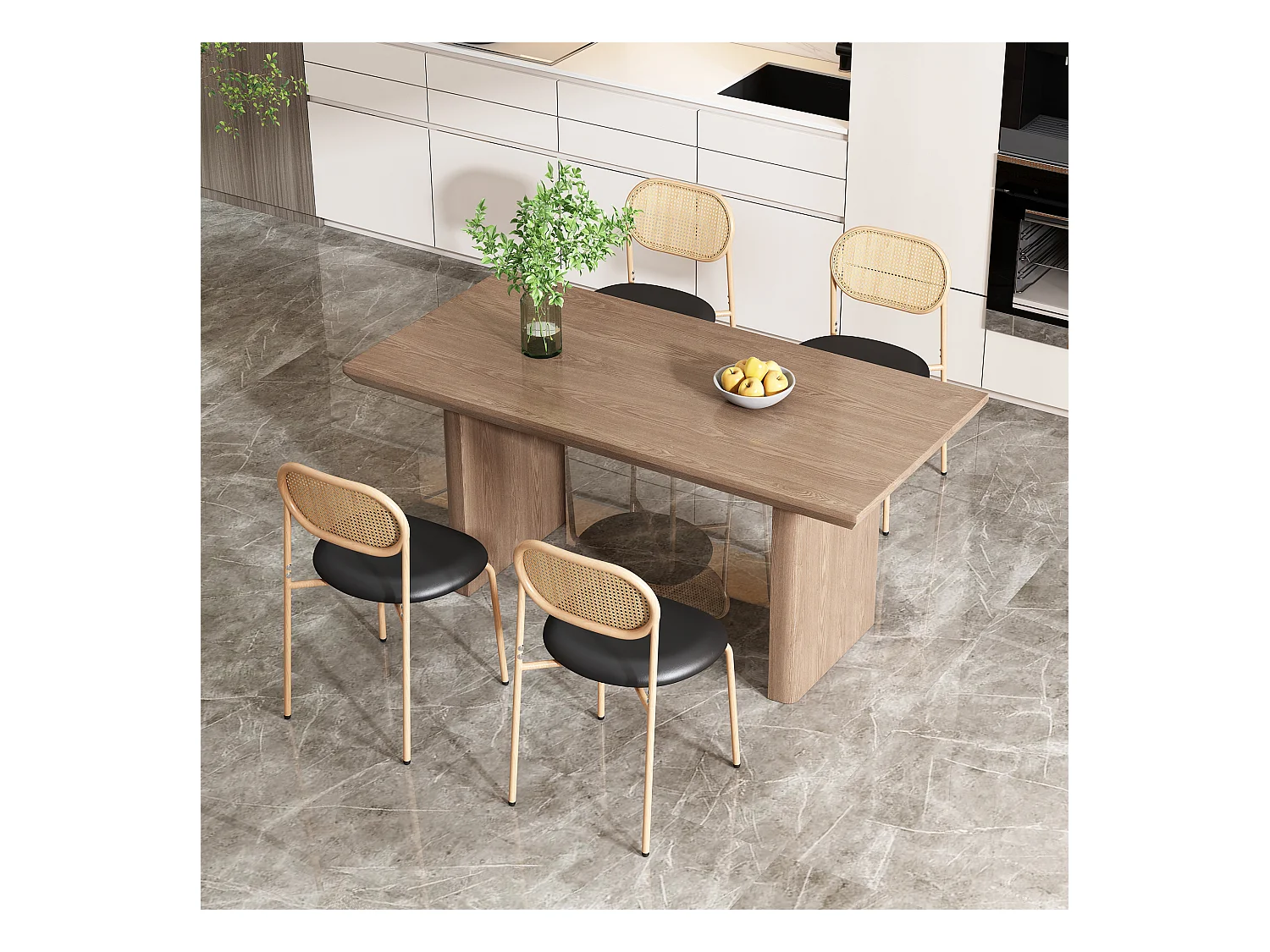 Lot de 4 chaises à manger en similicuir avec dossier en rotin - pieds en métal - noir