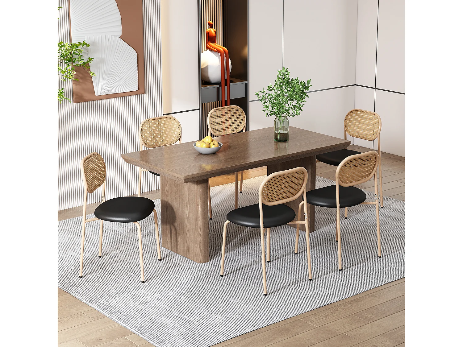 Lot de 4 chaises à manger en similicuir avec dossier en rotin - pieds en métal - noir