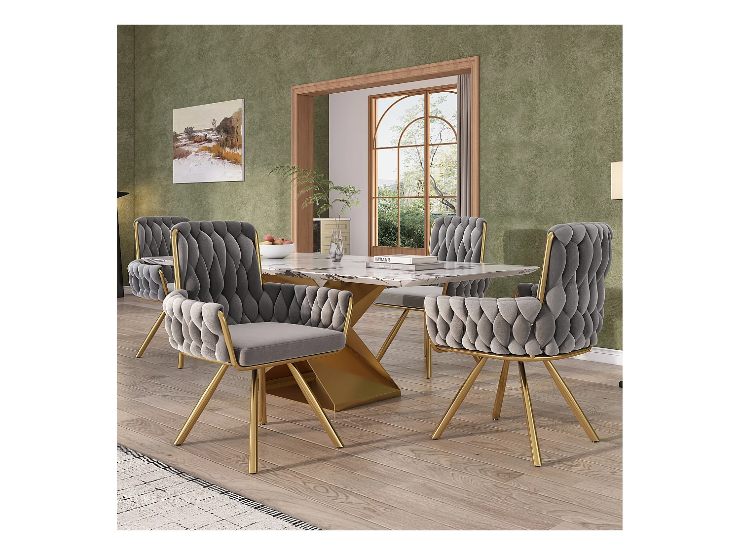 Lot de 2 chaises en velours  avec accoudoirs 360° rotatifet dossier - pieds en métal - gris