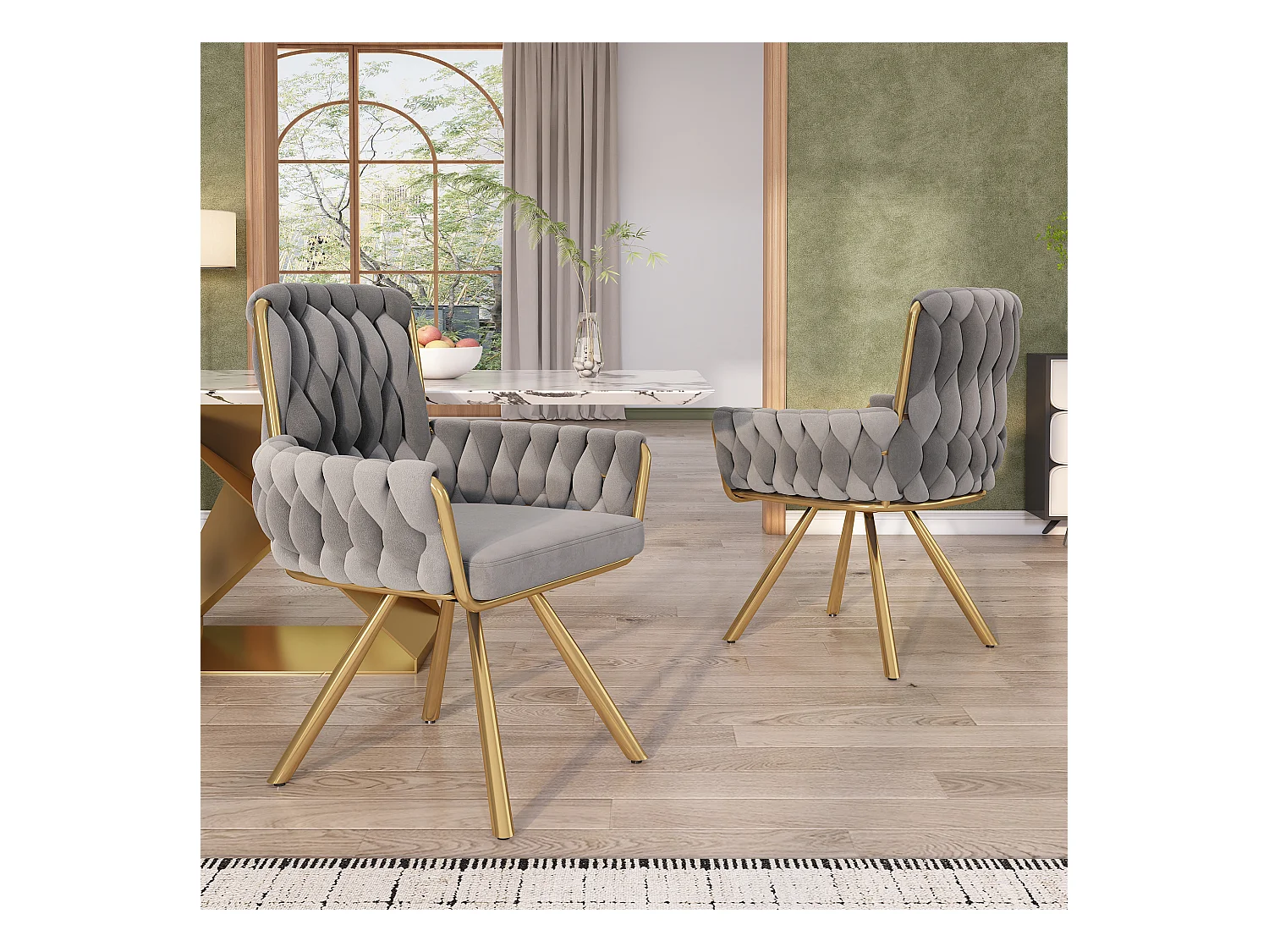 Lot de 2 chaises à manger rotative en velours avec accoudoirs et dossier - pieds en métal - gris