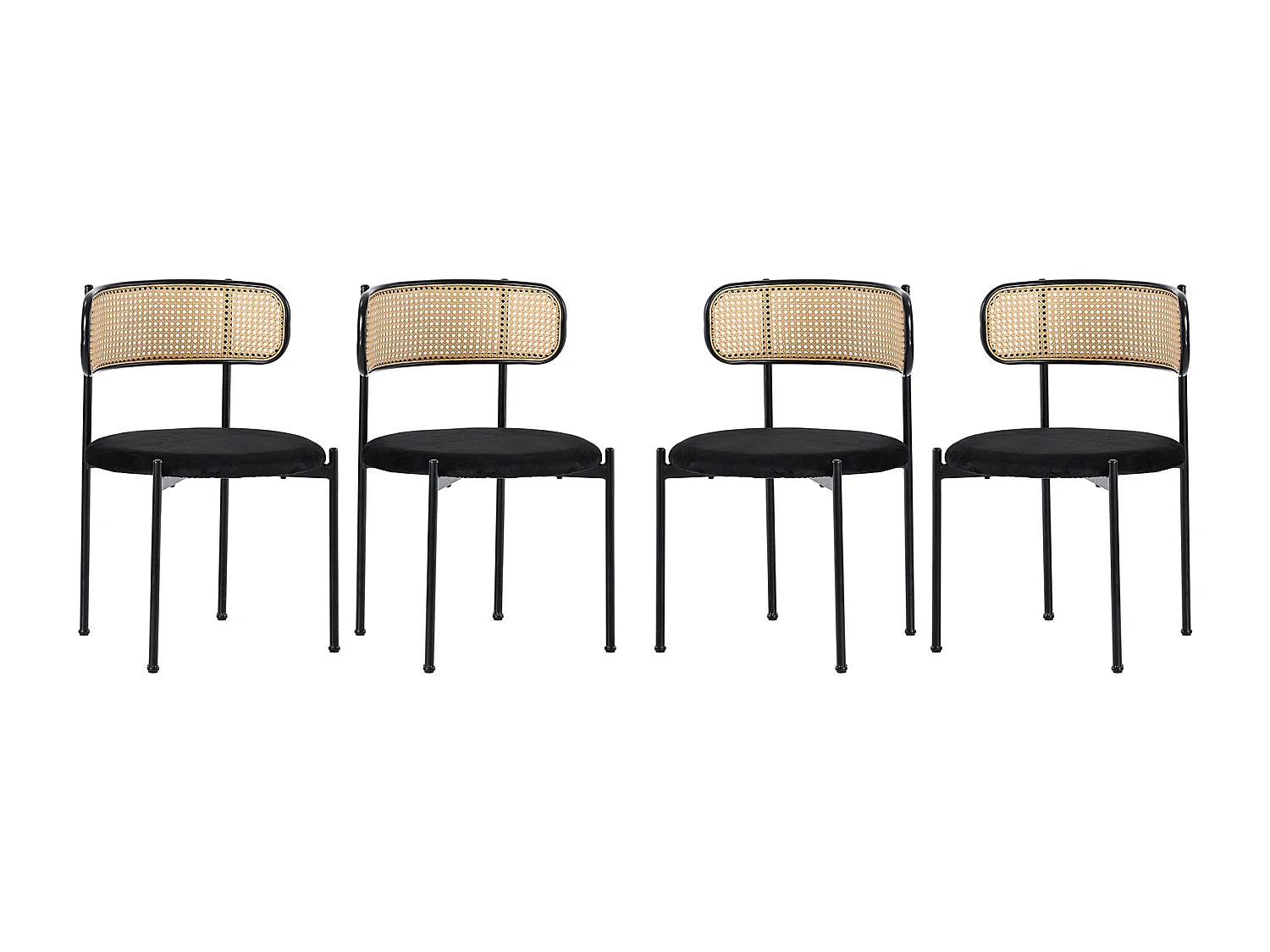Set van 4 fluwelen eetkamerstoelen met rotan rugleuning - metalen poten - zwart