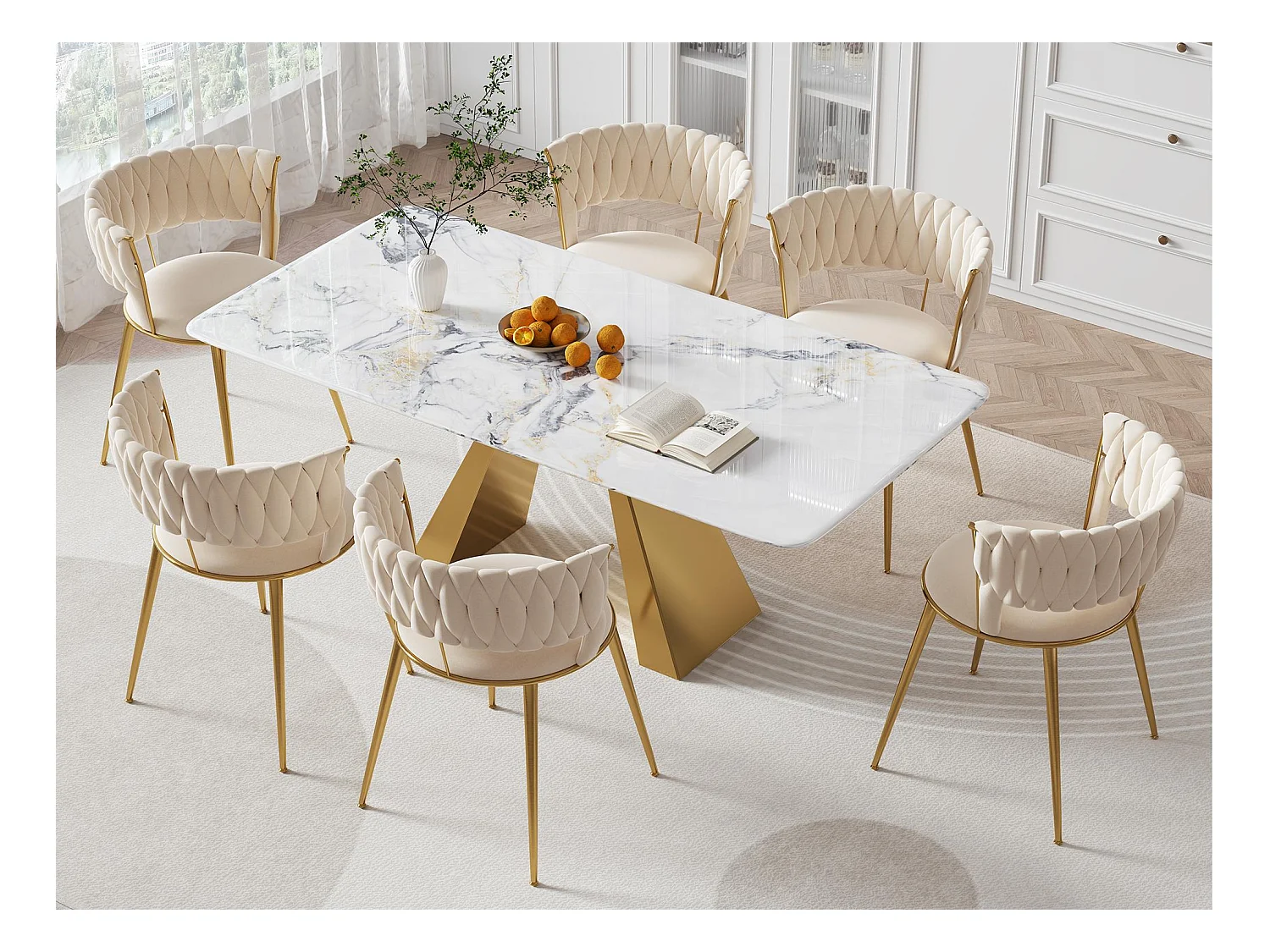 Lot de 6 chaises en velours ivoire - dossier ajouré tressé et pieds dorés - Idéales pour intérieur chic et contemporain