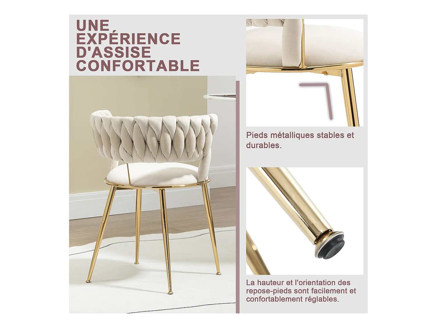 Lot de 6 chaises en velours ivoire - dossier ajouré tressé et pieds dorés - Idéales pour intérieur chic et contemporain