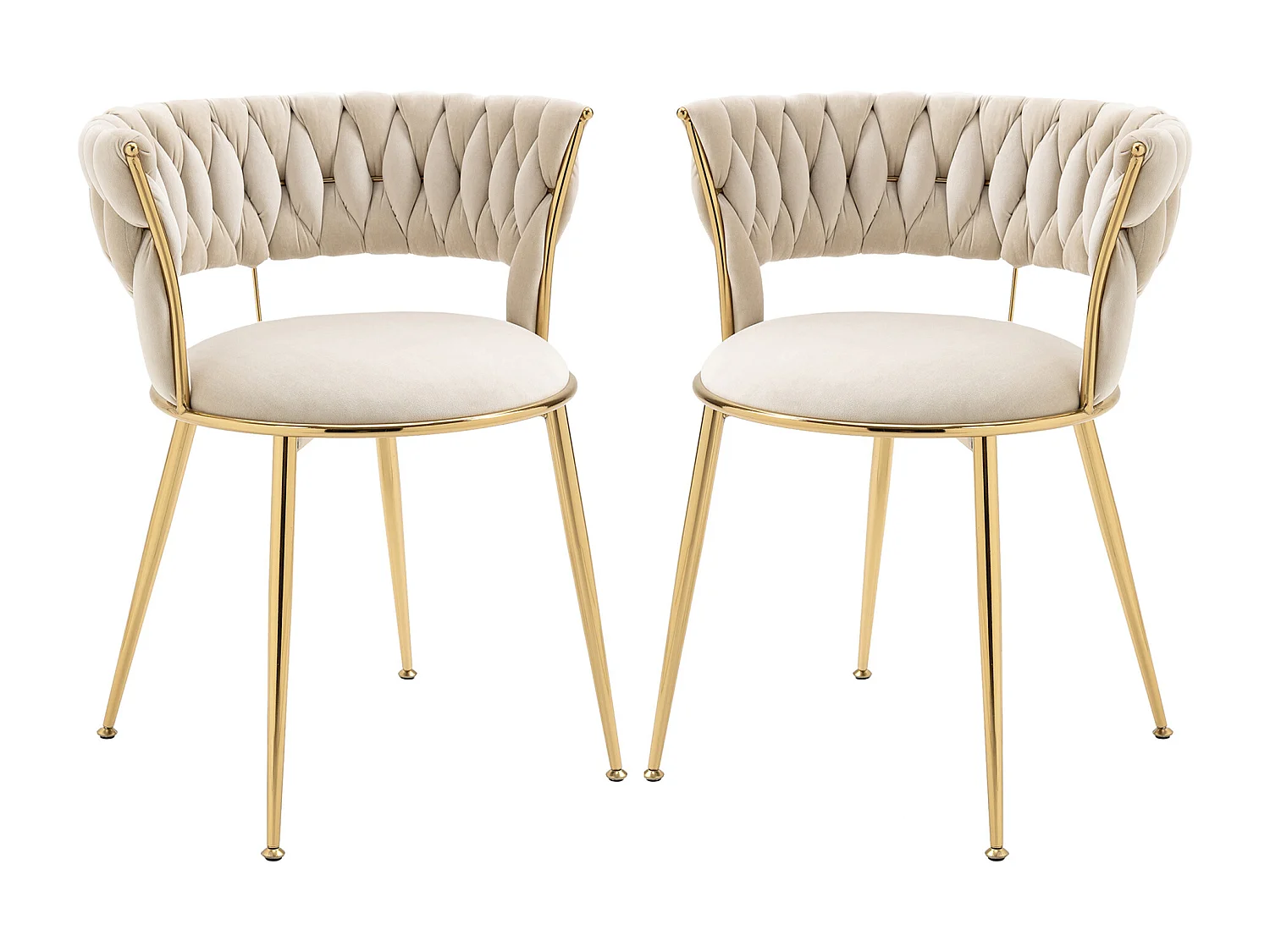 Lot de 6 chaises en velours ivoire - dossier ajouré tressé et pieds dorés - Idéales pour intérieur chic et contemporain