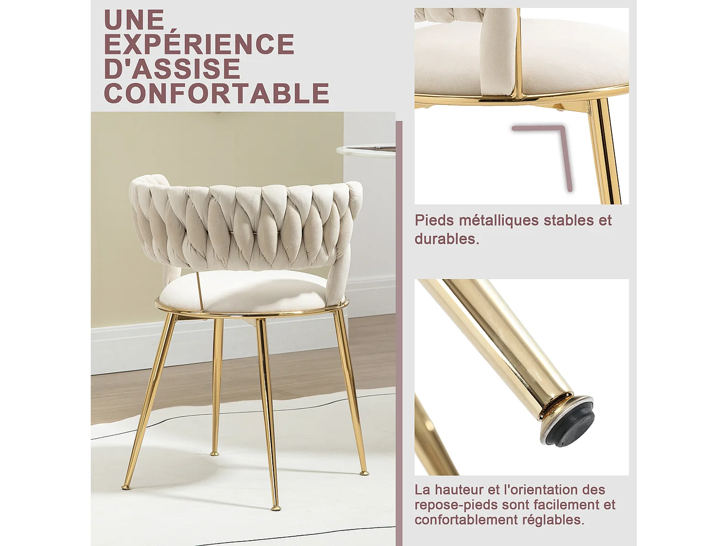 Lot de 6 chaises en velours ivoire - dossier ajouré tressé et pieds dorés - Idéales pour intérieur chic et contemporain