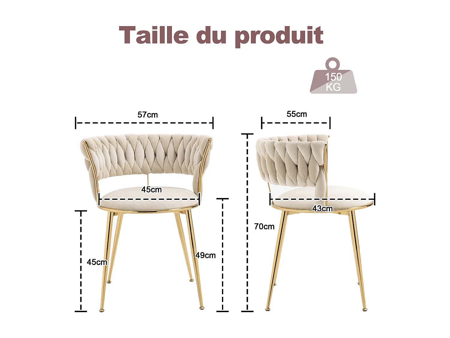 Lot de 6 chaises en velours ivoire - dossier ajouré tressé et pieds dorés - Idéales pour intérieur chic et contemporain