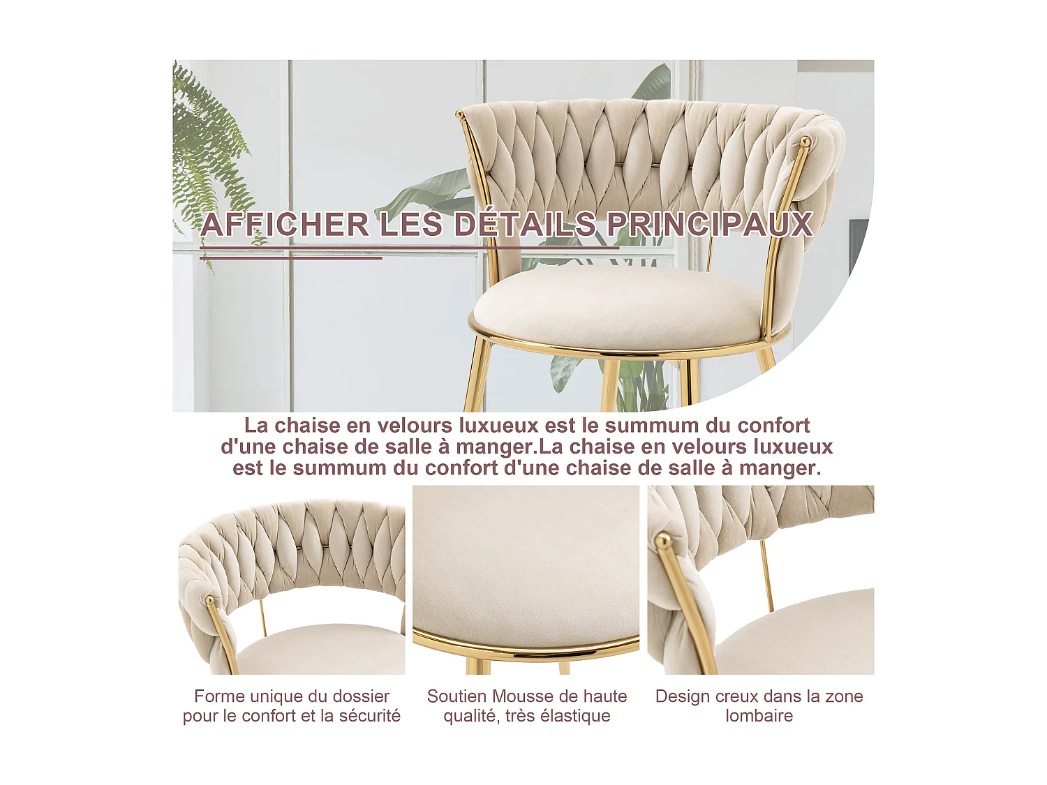 Lot de 2 chaises en velours ivoire - dossier ajouré tressé et pieds dorés - Idéales pour intérieur chic et contemporain