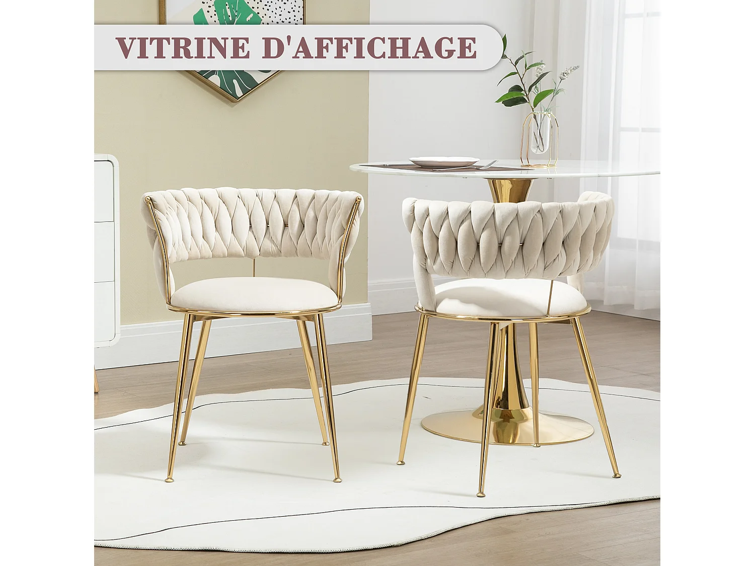 Lot de 2 chaises en velours ivoire - dossier ajouré tressé et pieds dorés - Idéales pour intérieur chic et contemporain