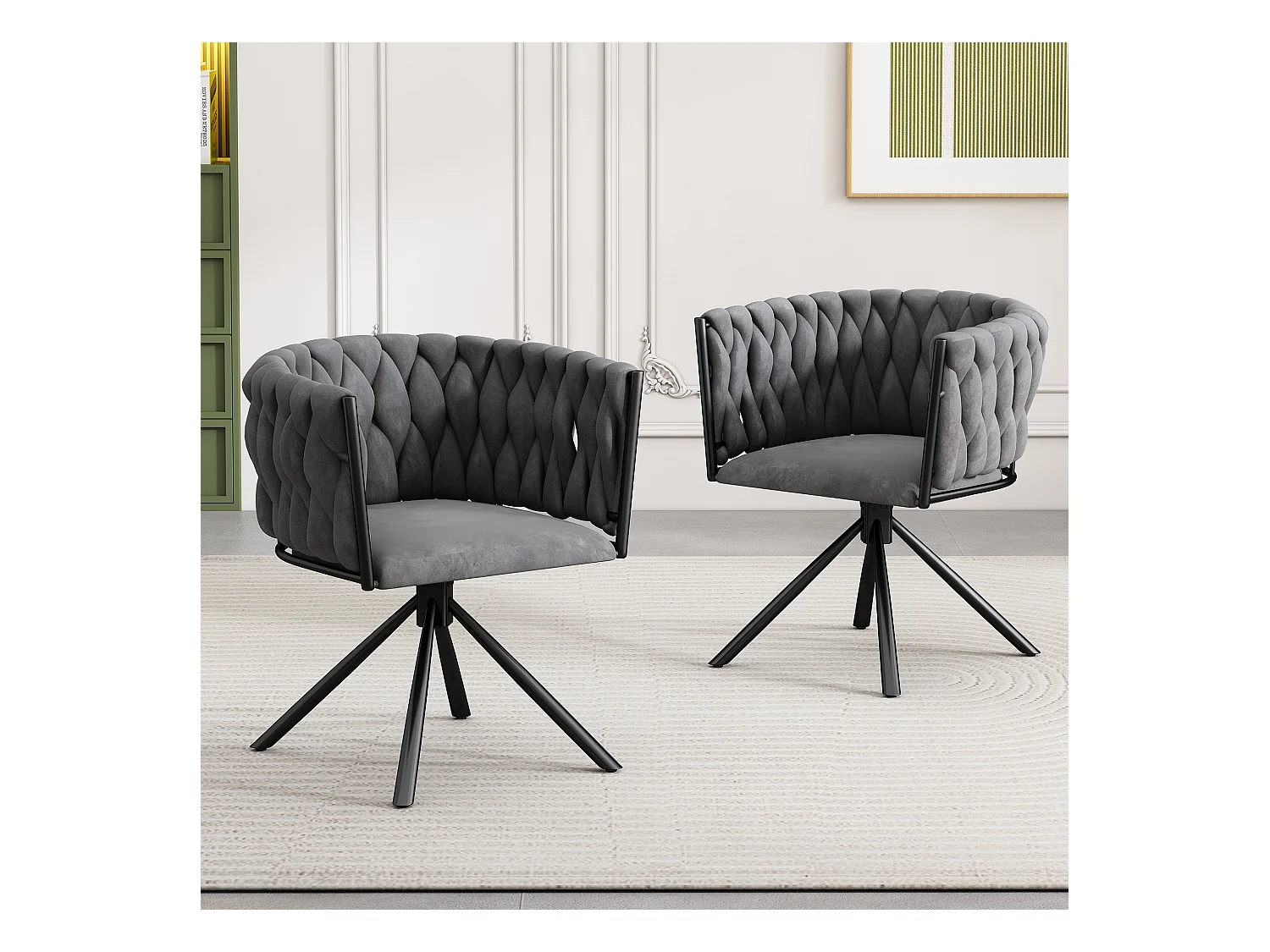 Lot de 2 chaises à manger rotative en velours avec accoudoirs et dossier - pieds en métal noir - gris