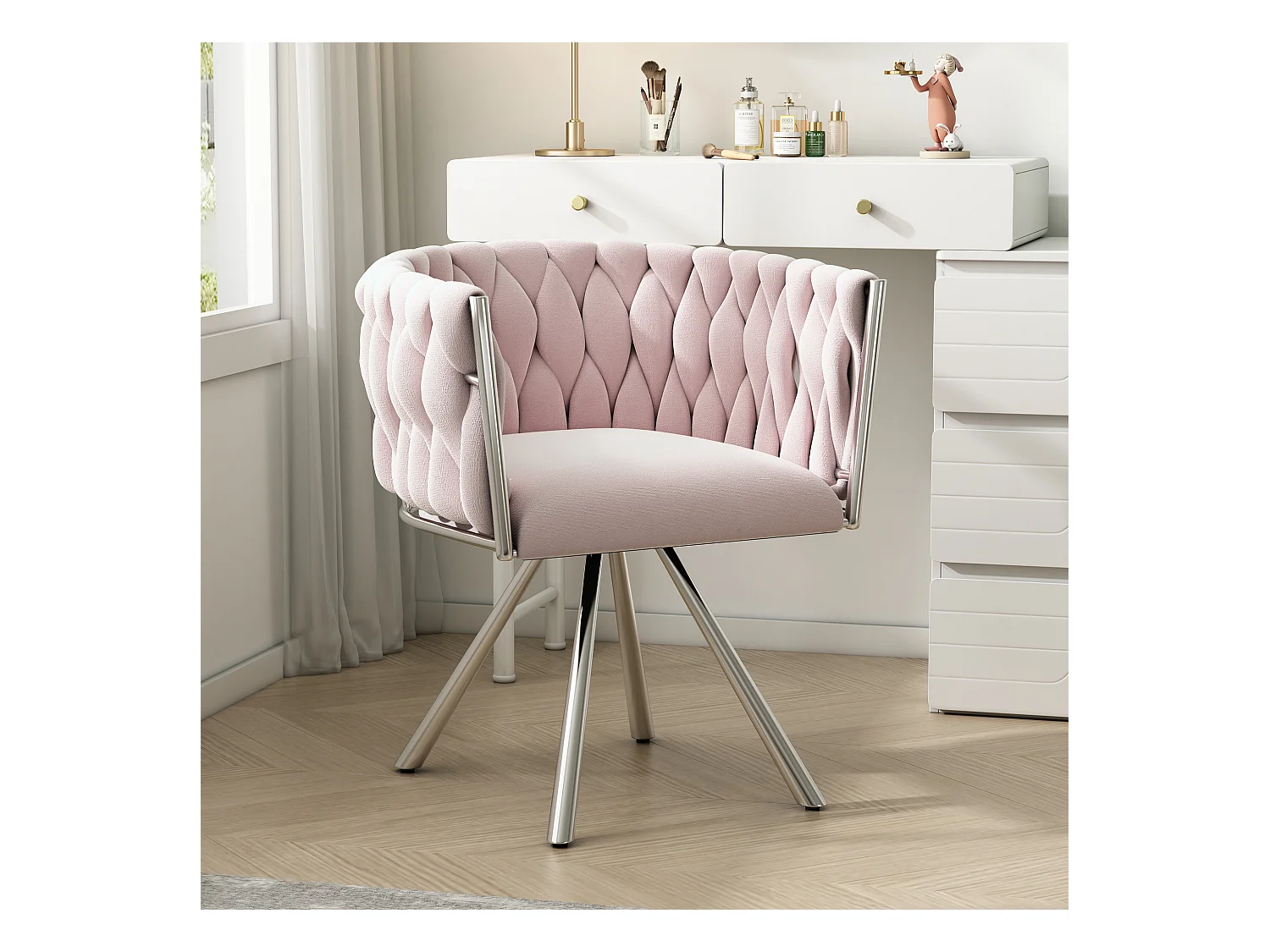 Chaises à manger rotative avec accoudoirs et dossier - pieds en métal argenté - rose velours