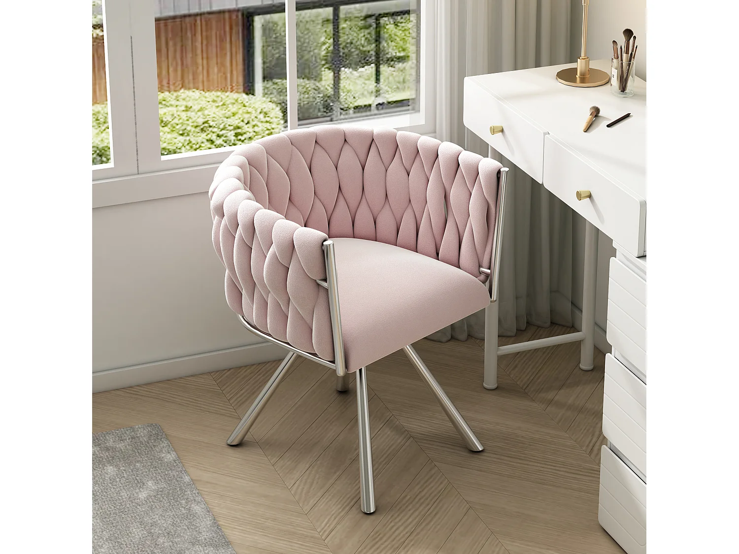 Chaises à manger rotative avec accoudoirs et dossier - pieds en métal argenté - rose velours