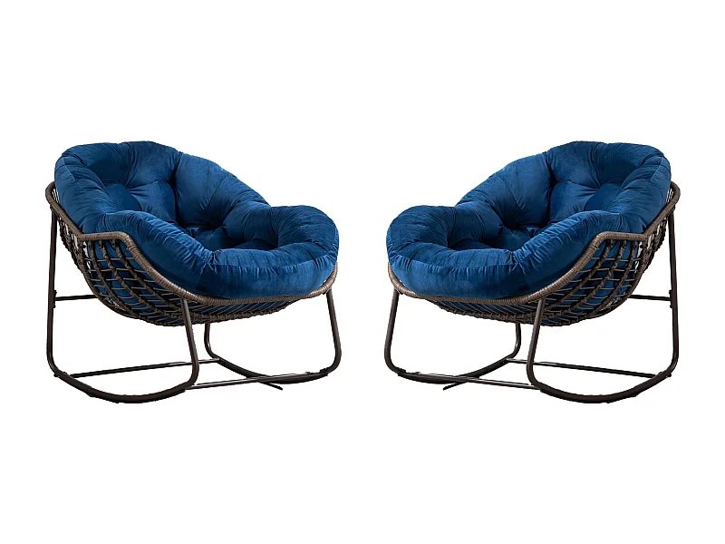 Lot de 2 Fauteuils à Bascule en Rotin Naturel – Forme Œuf et Coussins Bleu – Confortable pour Salon, Véranda ou Chambre