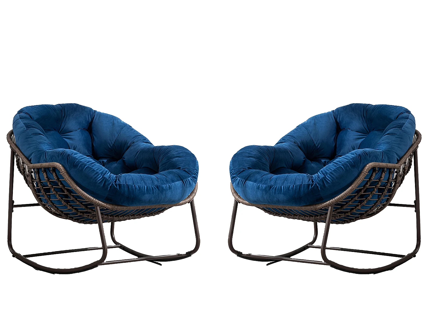 Lot de 2 Fauteuils à Bascule en Rotin Naturel – Forme Œuf et Coussins Bleu – Confortable pour Salon, Véranda ou Chambre