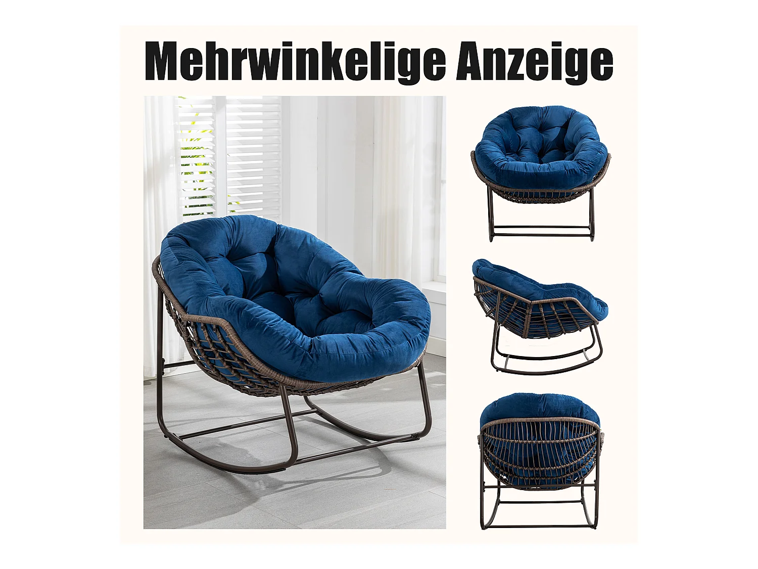 Lot de 2 Fauteuils à Bascule en Rotin Naturel – Forme Œuf et Coussins Bleu – Confortable pour Salon, Véranda ou Chambre