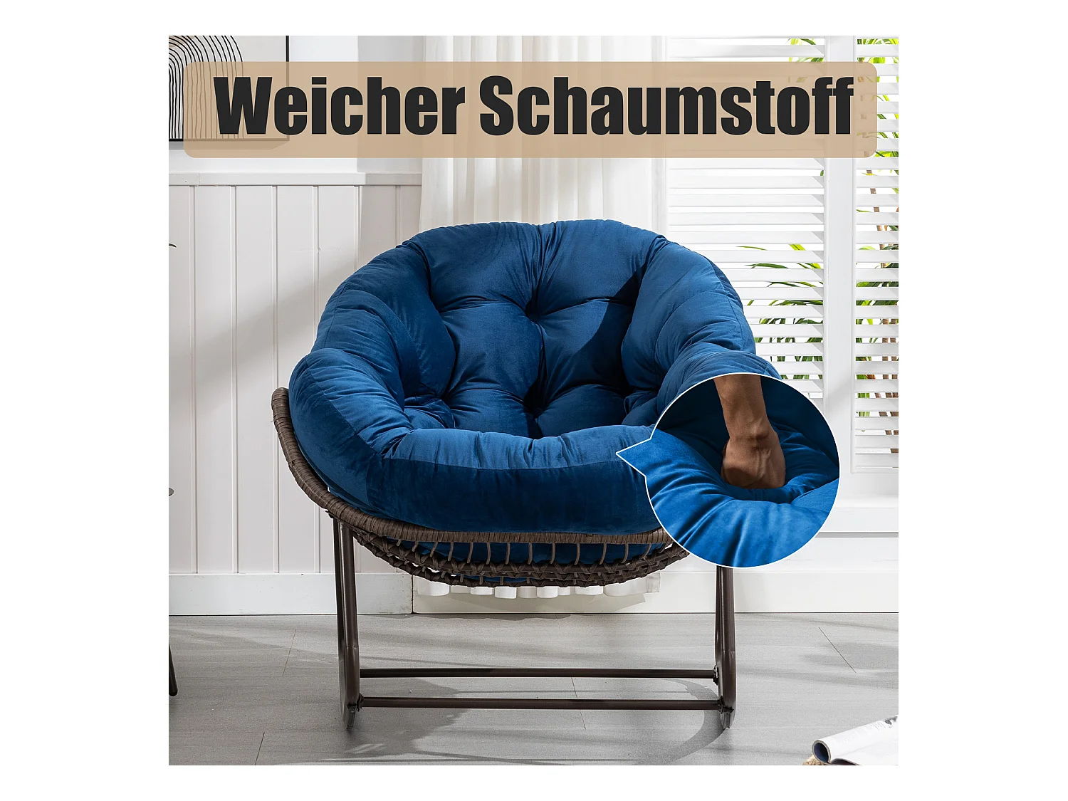 Lot de 2 Fauteuils à Bascule en Rotin Naturel – Forme Œuf et Coussins Bleu – Confortable pour Salon, Véranda ou Chambre