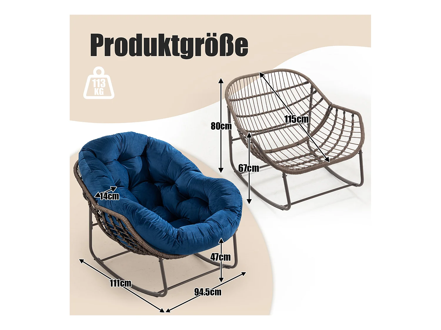 Lot de 2 Fauteuils à Bascule en Rotin Naturel – Forme Œuf et Coussins Bleu – Confortable pour Salon, Véranda ou Chambre