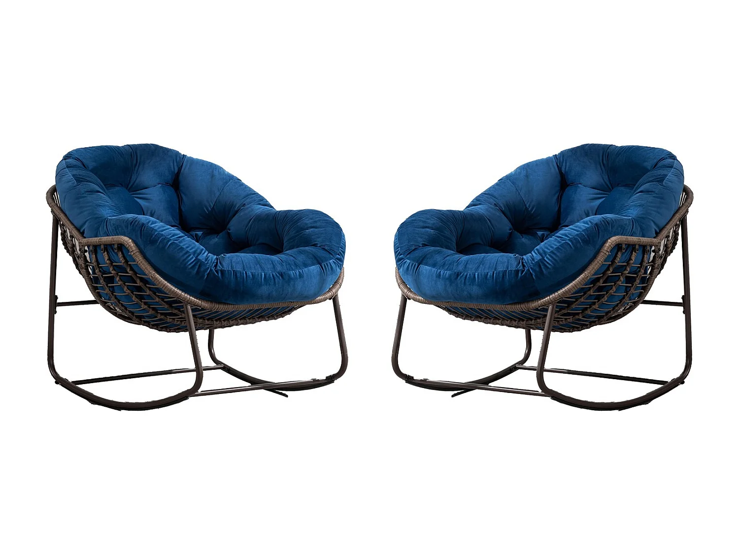Lot de 2 Fauteuils à Bascule en Rotin Naturel – Forme Œuf et Coussins Bleu – Confortable pour Salon, Véranda ou Chambre