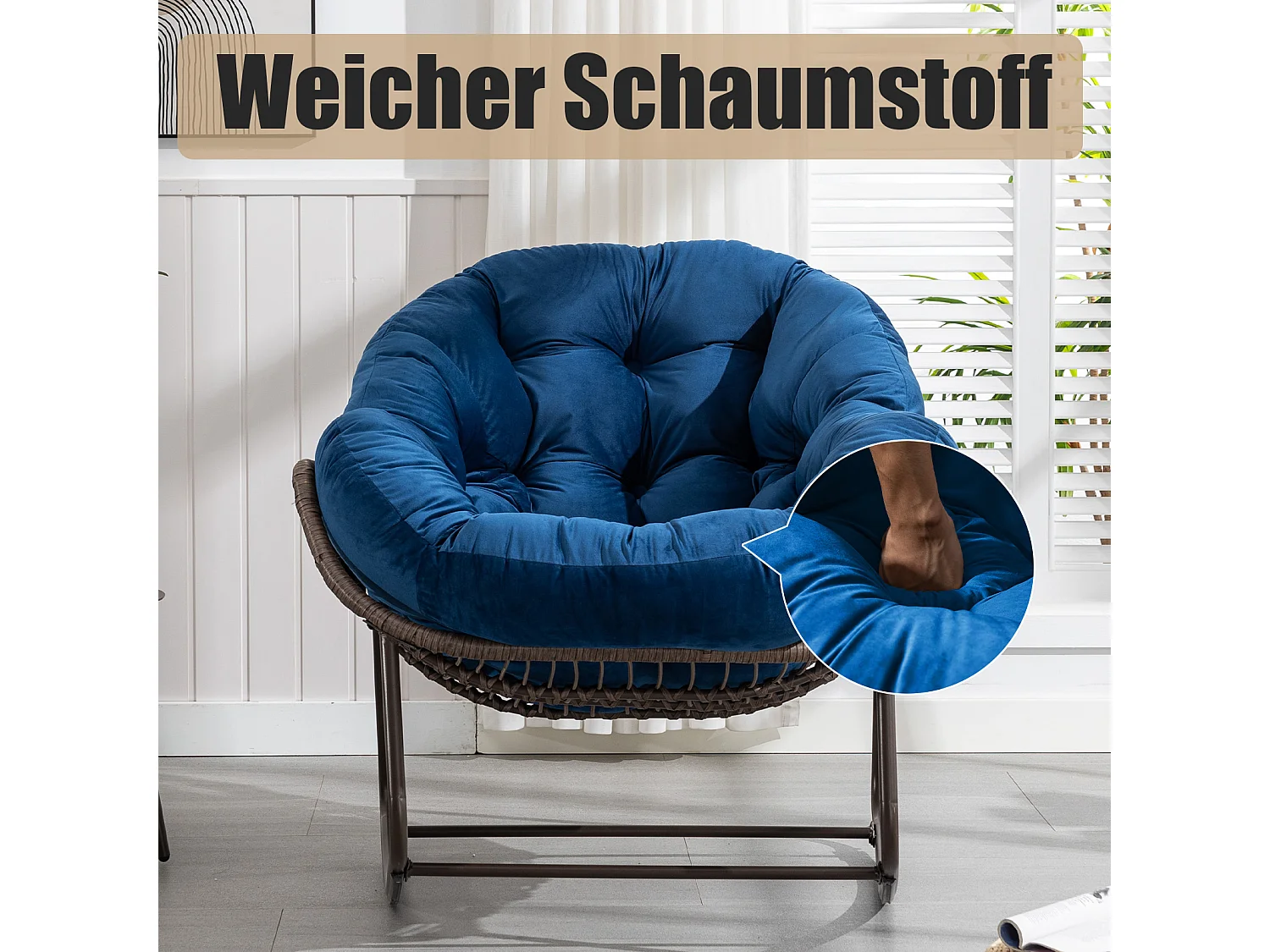 Lot de 2 Fauteuils à Bascule en Rotin Naturel – Forme Œuf et Coussins Bleu – Confortable pour Salon, Véranda ou Chambre