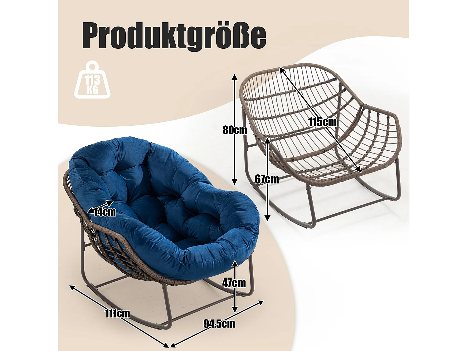 Lot de 2 Fauteuils à Bascule en Rotin Naturel – Forme Œuf et Coussins Bleu – Confortable pour Salon, Véranda ou Chambre