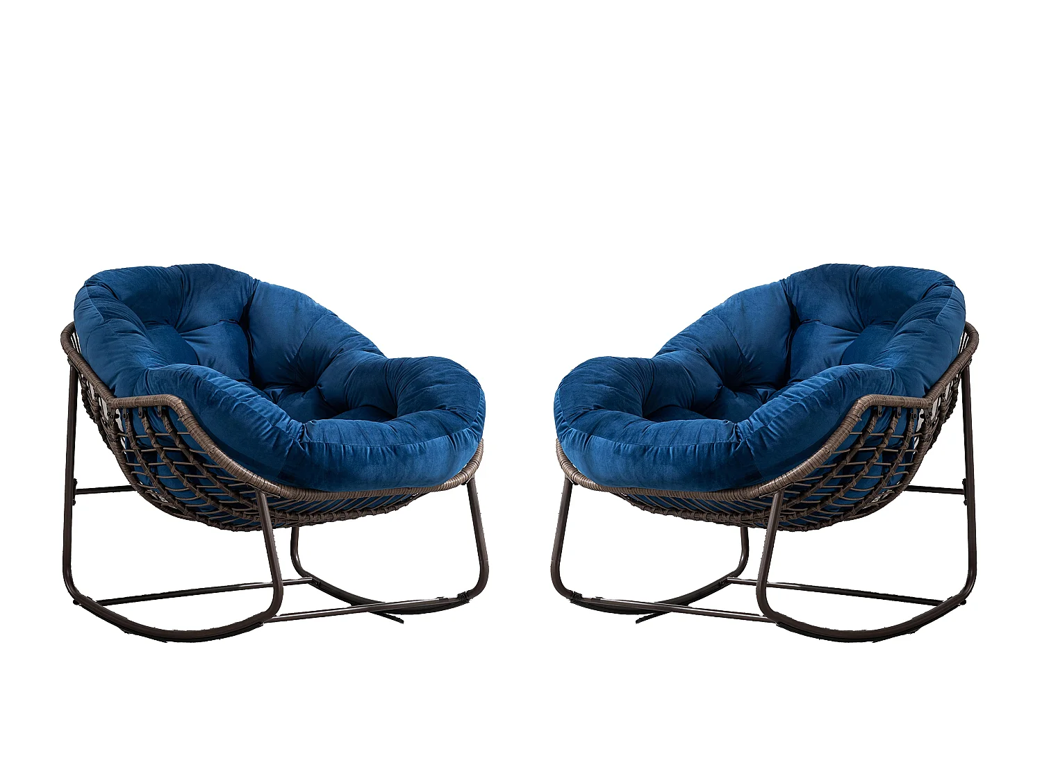 Lot de 2 Fauteuils à Bascule en Rotin Naturel – Forme Œuf et Coussins Bleu – Confortable pour Salon, Véranda ou Chambre