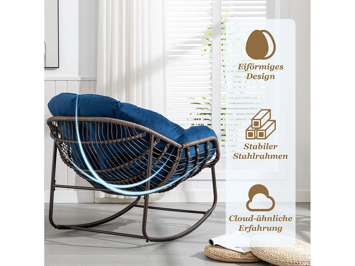 Set van 2 natuurlijke rotan schommelstoelen – eivorm met kussens – comfortabel voor woonkamer, serre of slaapkamer
