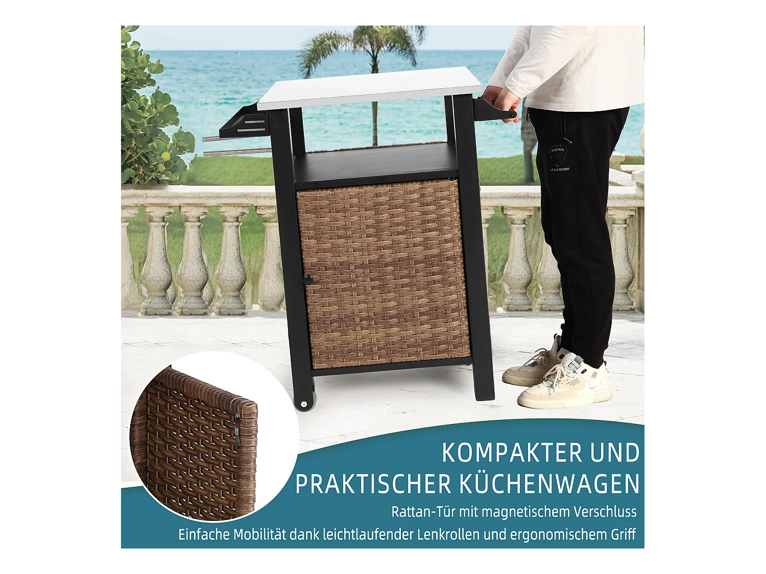 Centraal kookeiland in bruin rotan - 1 deur - Natuurlijke bohemian stijl met 2 planken - Mobiel meubel met wielen - Perfect voor terras of buitentuin