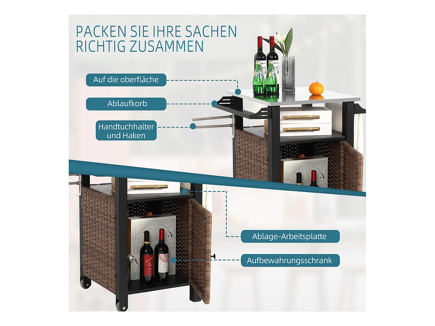 Centraal kookeiland in bruin rotan - 1 deur - Natuurlijke bohemian stijl met 2 planken - Mobiel meubel met wielen - Perfect voor terras of buitentuin