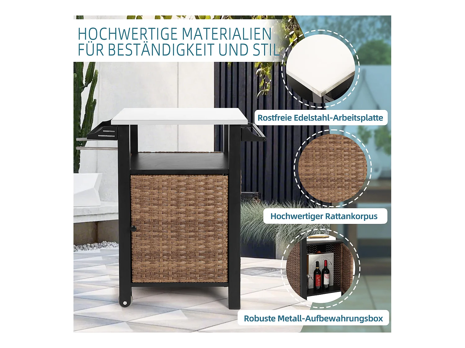 Centraal kookeiland in bruin rotan - 1 deur - Natuurlijke bohemian stijl met 2 planken - Mobiel meubel met wielen - Perfect voor terras of buitentuin