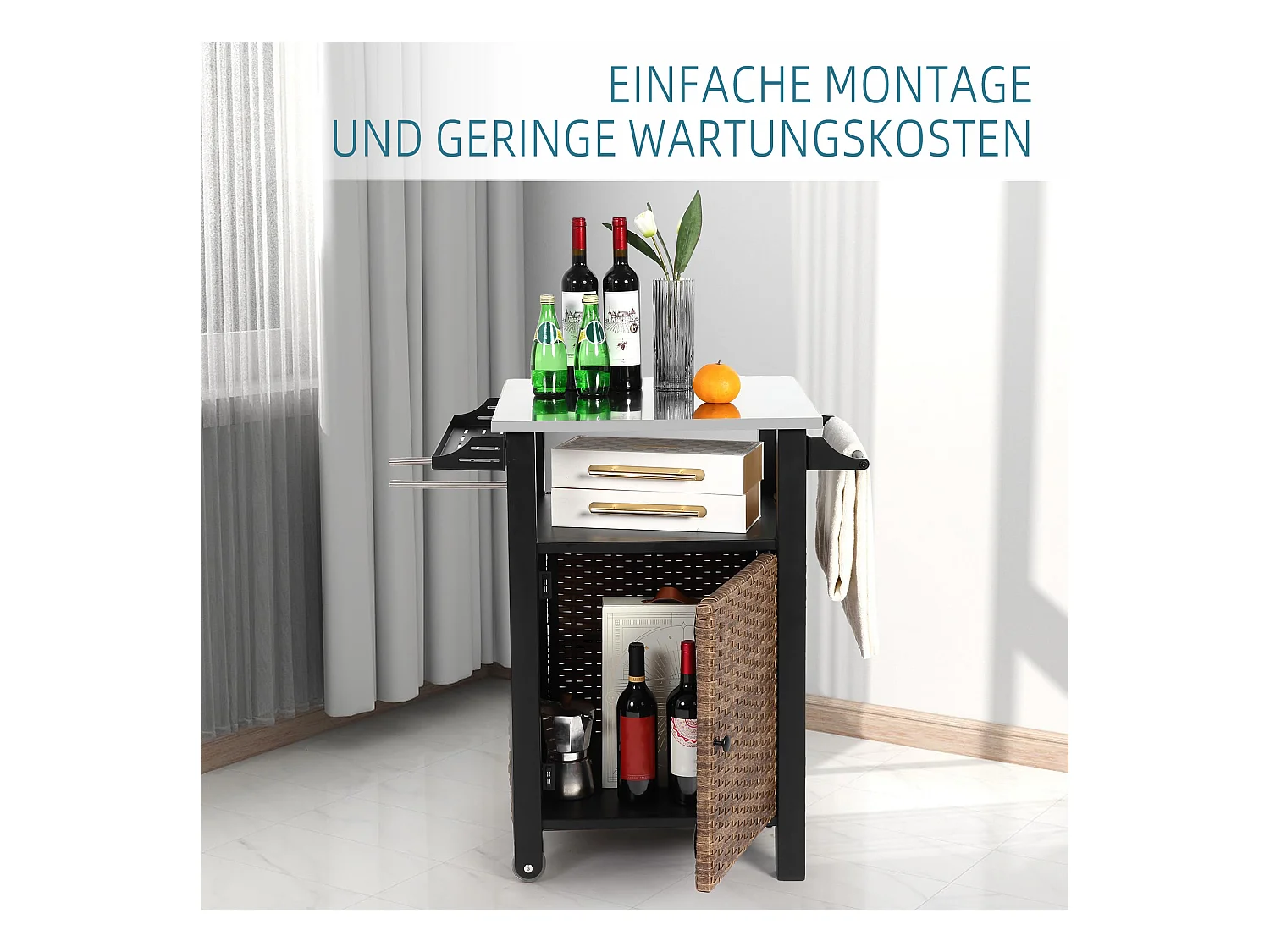 Centraal kookeiland in bruin rotan - 1 deur - Natuurlijke bohemian stijl met 2 planken - Mobiel meubel met wielen - Perfect voor terras of buitentuin