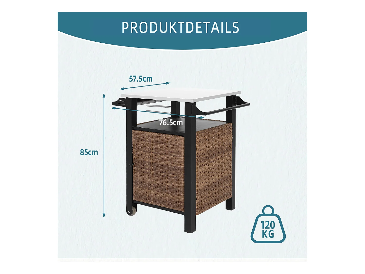 Centraal kookeiland in bruin rotan - 1 deur - Natuurlijke bohemian stijl met 2 planken - Mobiel meubel met wielen - Perfect voor terras of buitentuin
