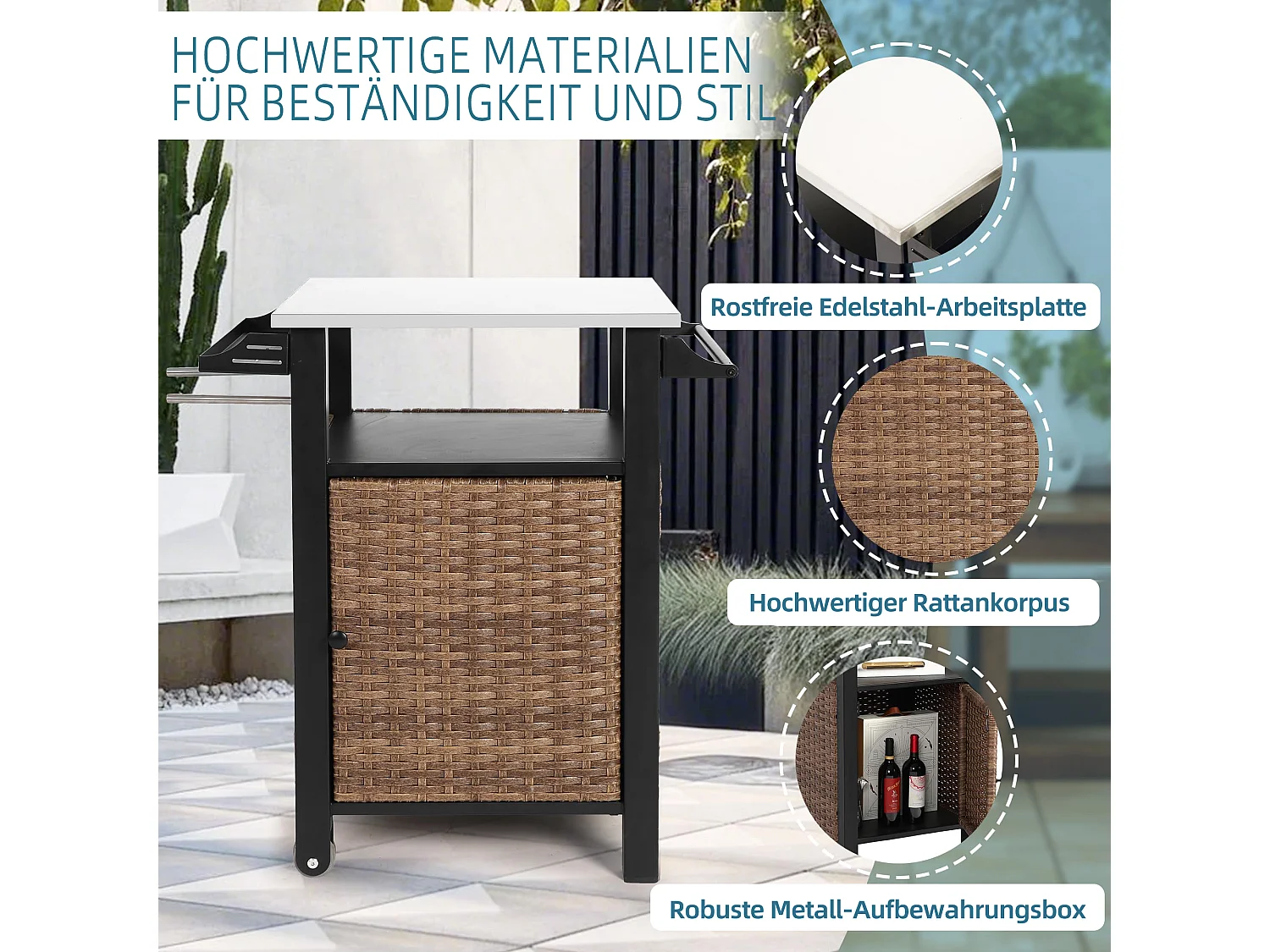 Îlot central en rotin marron - 1 porte - Style bohème naturel avec 2 étagères - Meuble mobile avec roulettes - Parfait pour terrasse ou jardin extérieur