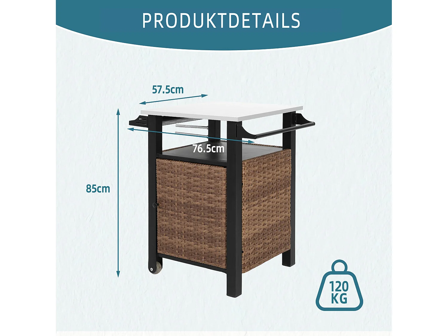 Îlot central en rotin marron - 1 porte - Style bohème naturel avec 2 étagères - Meuble mobile avec roulettes - Parfait pour terrasse ou jardin extérieur