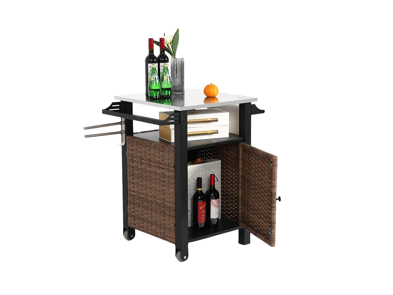 Îlot central en rotin marron - 1 porte - Style bohème naturel avec 2 étagères - Meuble mobile avec roulettes - Parfait pour terrasse ou jardin extérieur