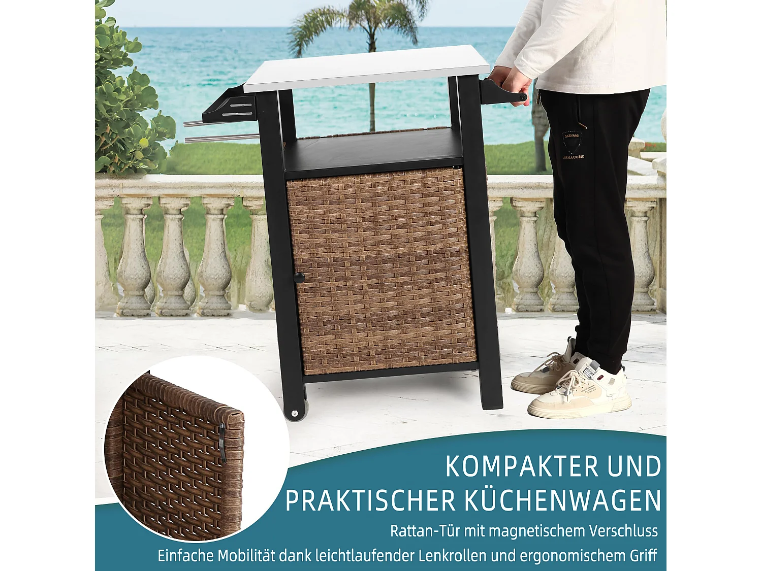 Îlot central en rotin marron - 1 porte - Style bohème naturel avec 2 étagères - Meuble mobile avec roulettes - Parfait pour terrasse ou jardin extérieur