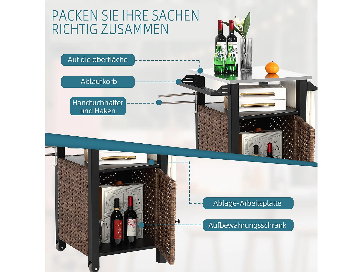 Îlot central en rotin marron - 1 porte - Style bohème naturel avec 2 étagères - Meuble mobile avec roulettes - Parfait pour terrasse ou jardin extérieur