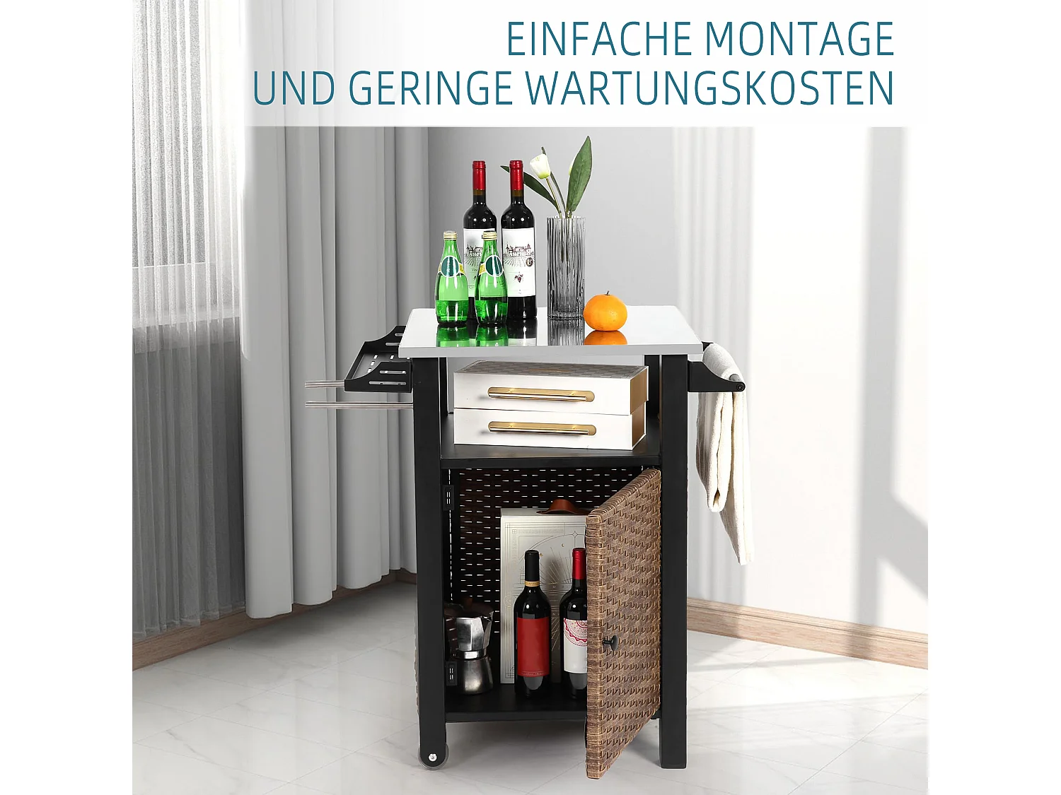 Îlot central en rotin marron - 1 porte - Style bohème naturel avec 2 étagères - Meuble mobile avec roulettes - Parfait pour terrasse ou jardin extérieur