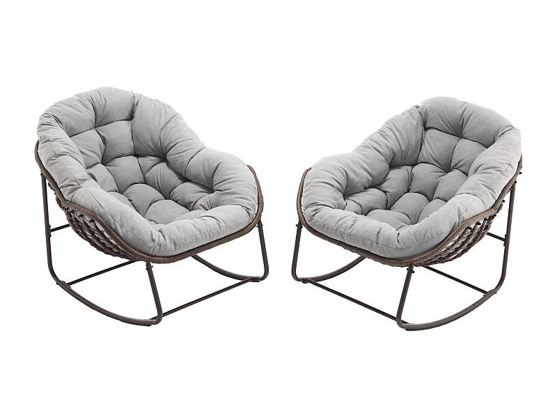 Lot de 2 Fauteuils à Bascule en Rotin Naturel – Forme Œuf et Coussins Gris Clair – Confortable pour Salon, Véranda ou Chambre