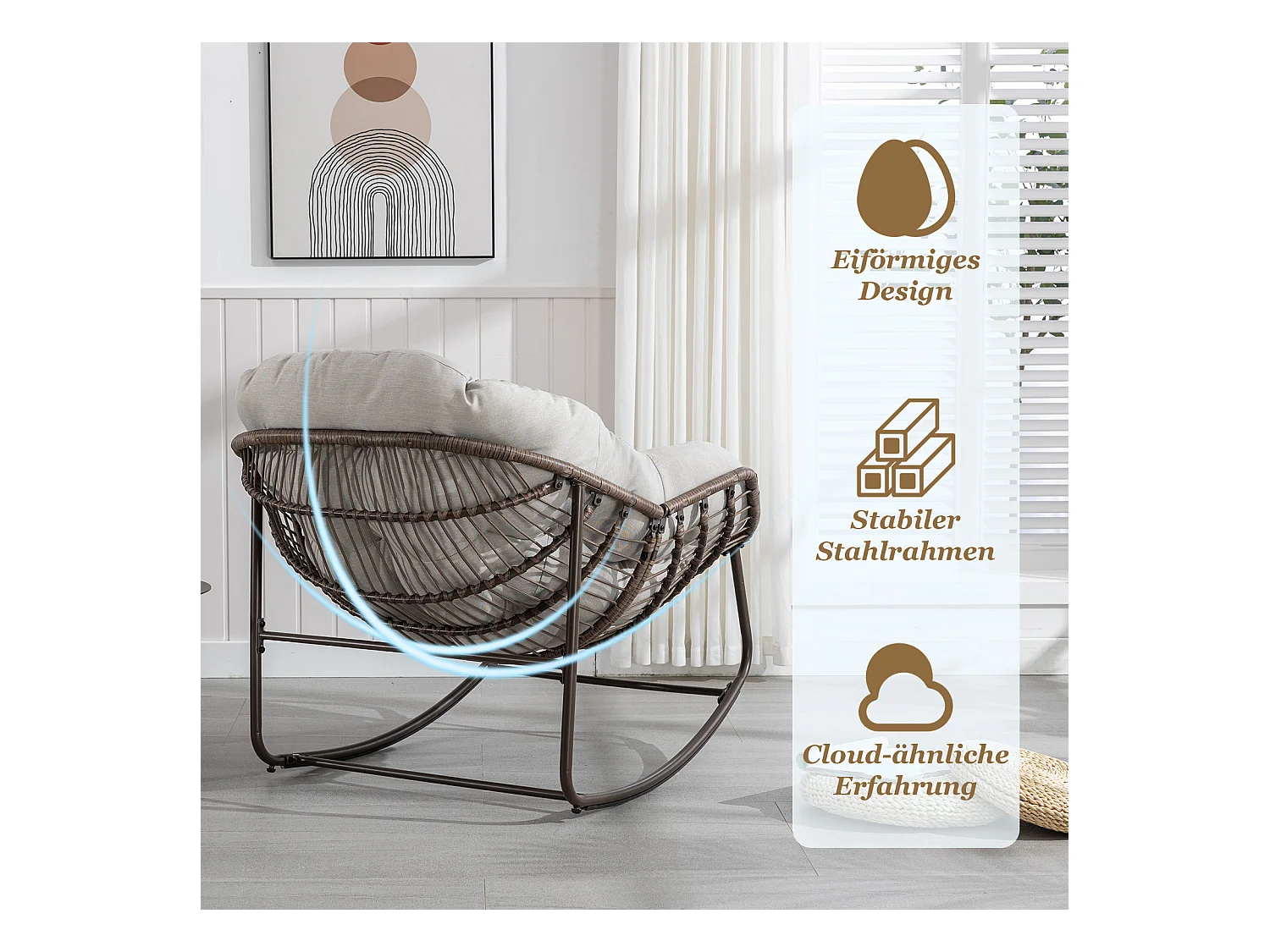 Lot de 2 Fauteuils à Bascule en Rotin Naturel – Forme Œuf et Coussins Gris Clair – Confortable pour Salon, Véranda ou Chambre