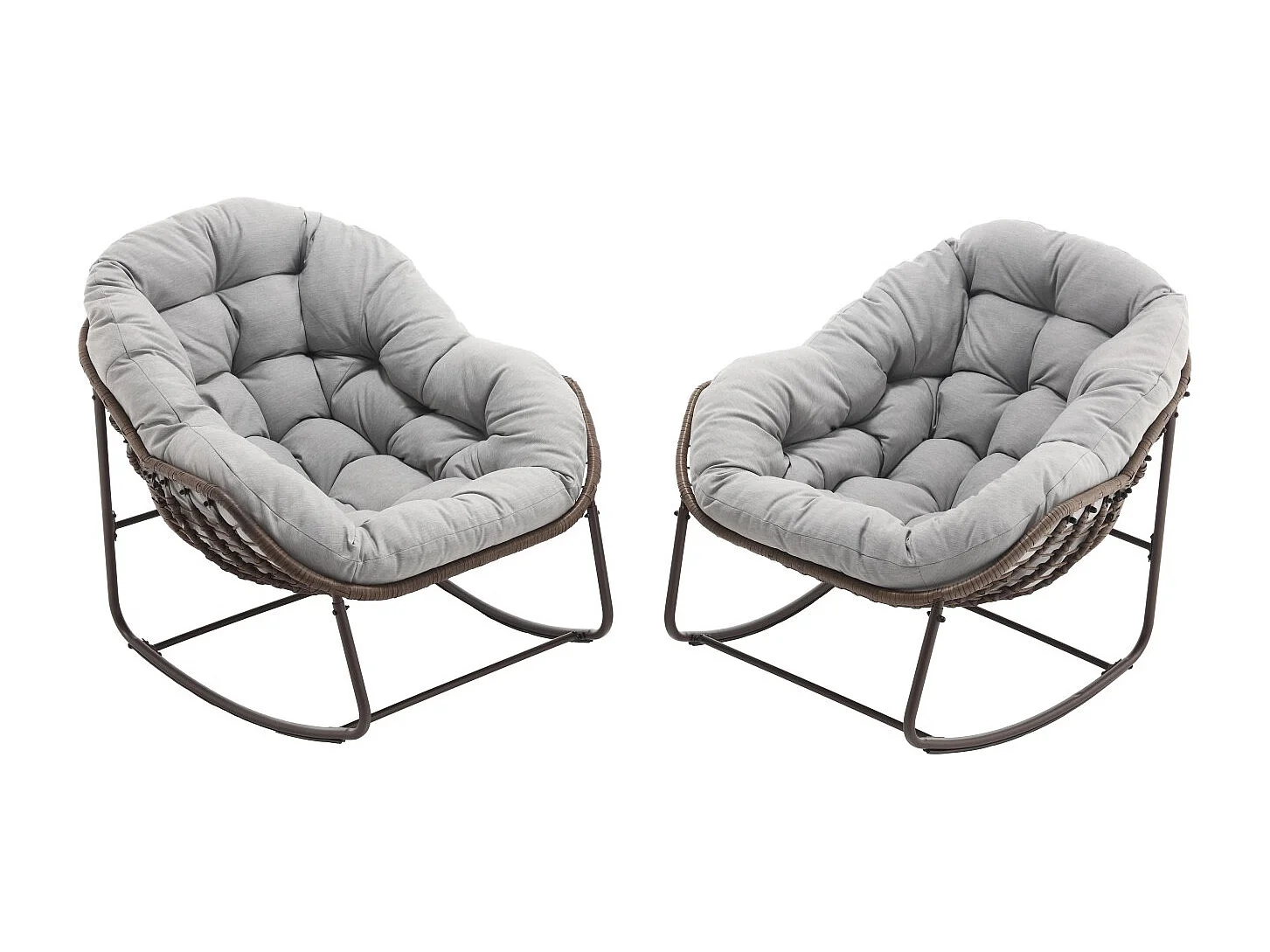 Lot de 2 Fauteuils à Bascule en Rotin Naturel – Forme Œuf et Coussins Gris Clair – Confortable pour Salon, Véranda ou Chambre