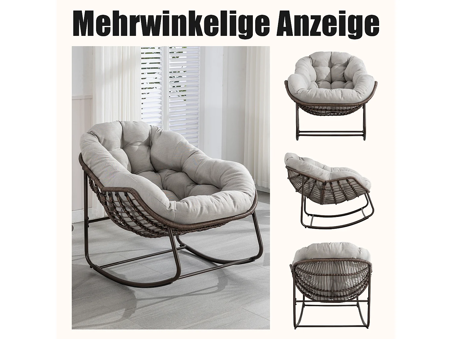 Lot de 2 Fauteuils à Bascule en Rotin Naturel – Forme Œuf et Coussins Gris Clair – Confortable pour Salon, Véranda ou Chambre