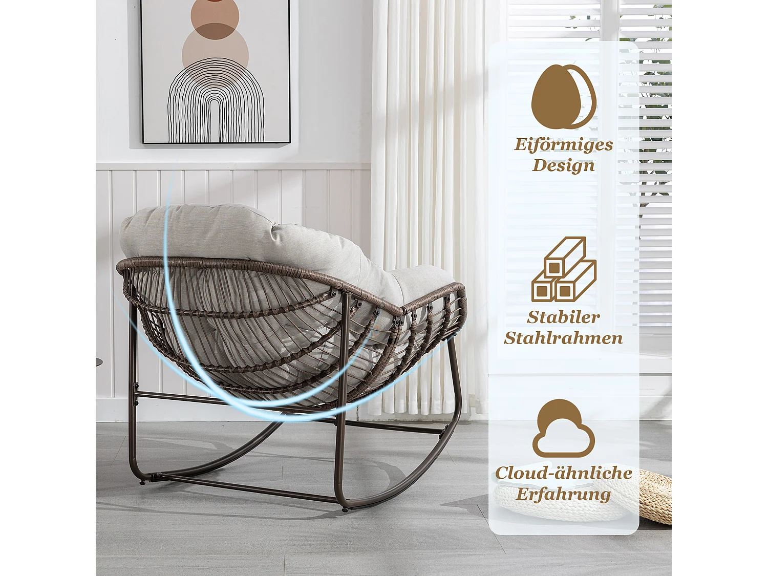 Lot de 2 Fauteuils à Bascule en Rotin Naturel – Forme Œuf et Coussins Gris Clair – Confortable pour Salon, Véranda ou Chambre