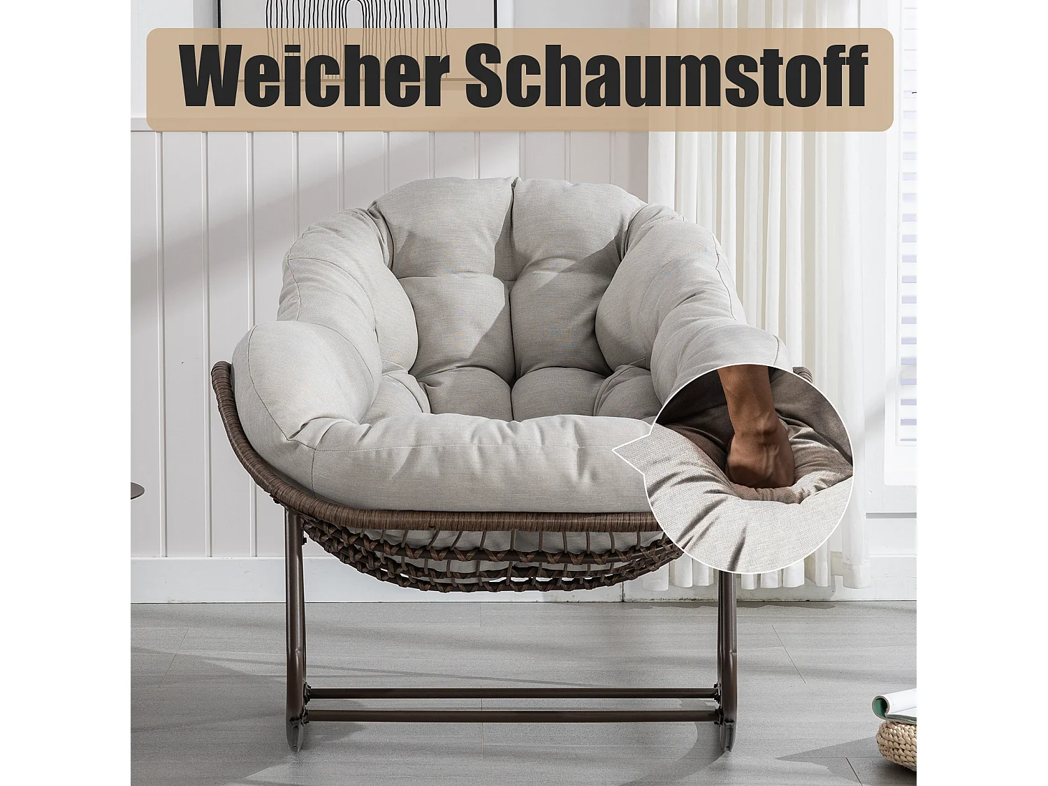 Lot de 2 Fauteuils à Bascule en Rotin Naturel – Forme Œuf et Coussins Gris Clair – Confortable pour Salon, Véranda ou Chambre