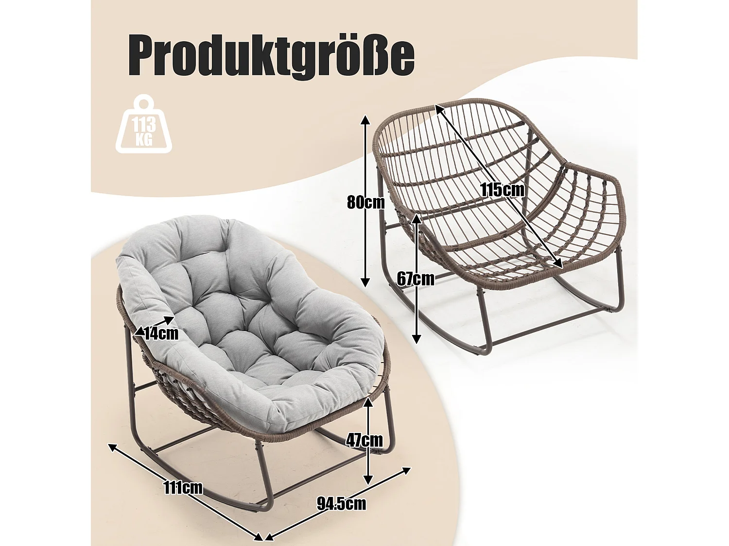 Lot de 2 Fauteuils à Bascule en Rotin Naturel – Forme Œuf et Coussins Gris Clair – Confortable pour Salon, Véranda ou Chambre