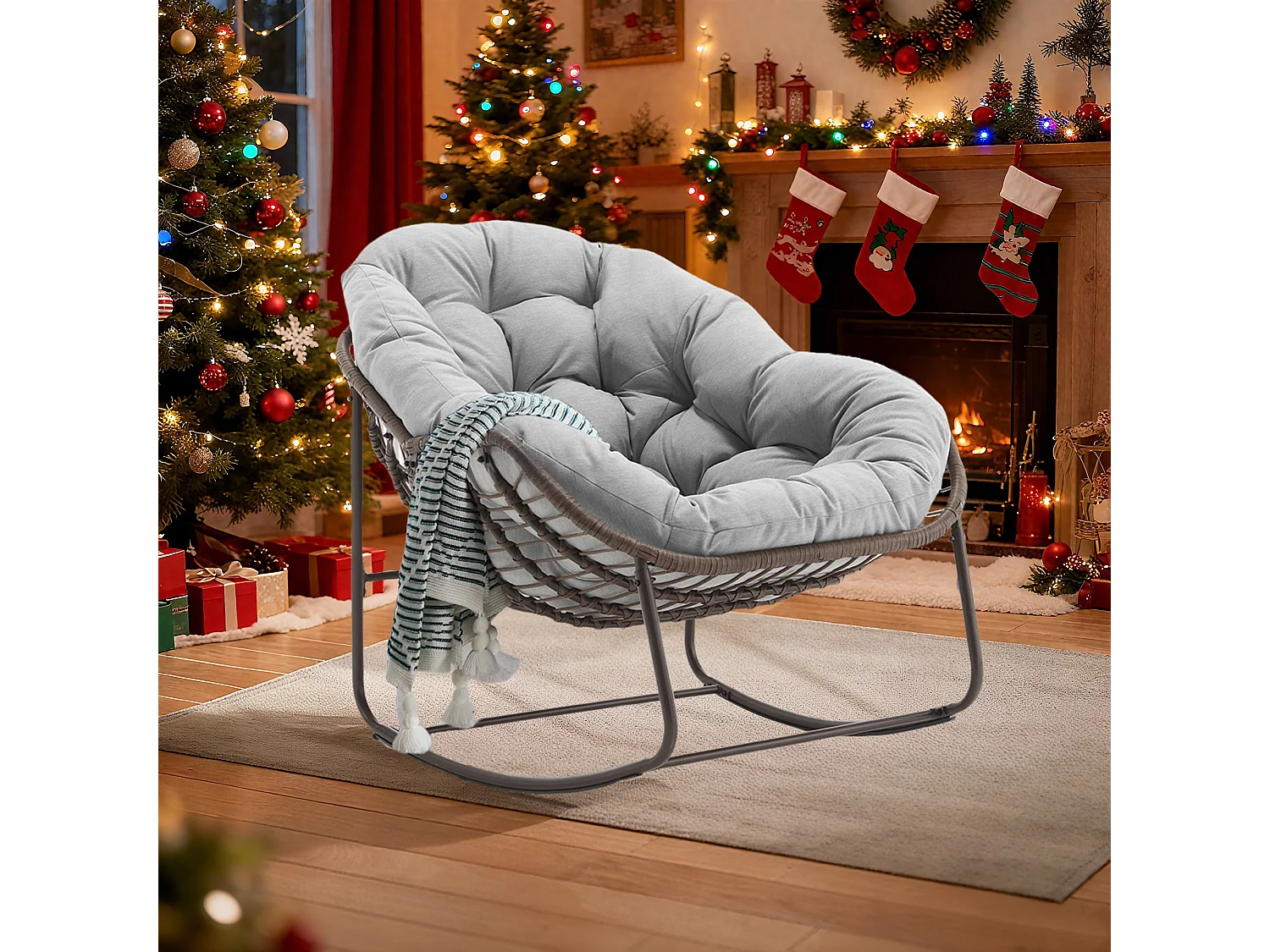 Lot de 2 Fauteuils à Bascule en Rotin Naturel – Forme Œuf et Coussins Gris Clair – Confortable pour Salon, Véranda ou Chambre