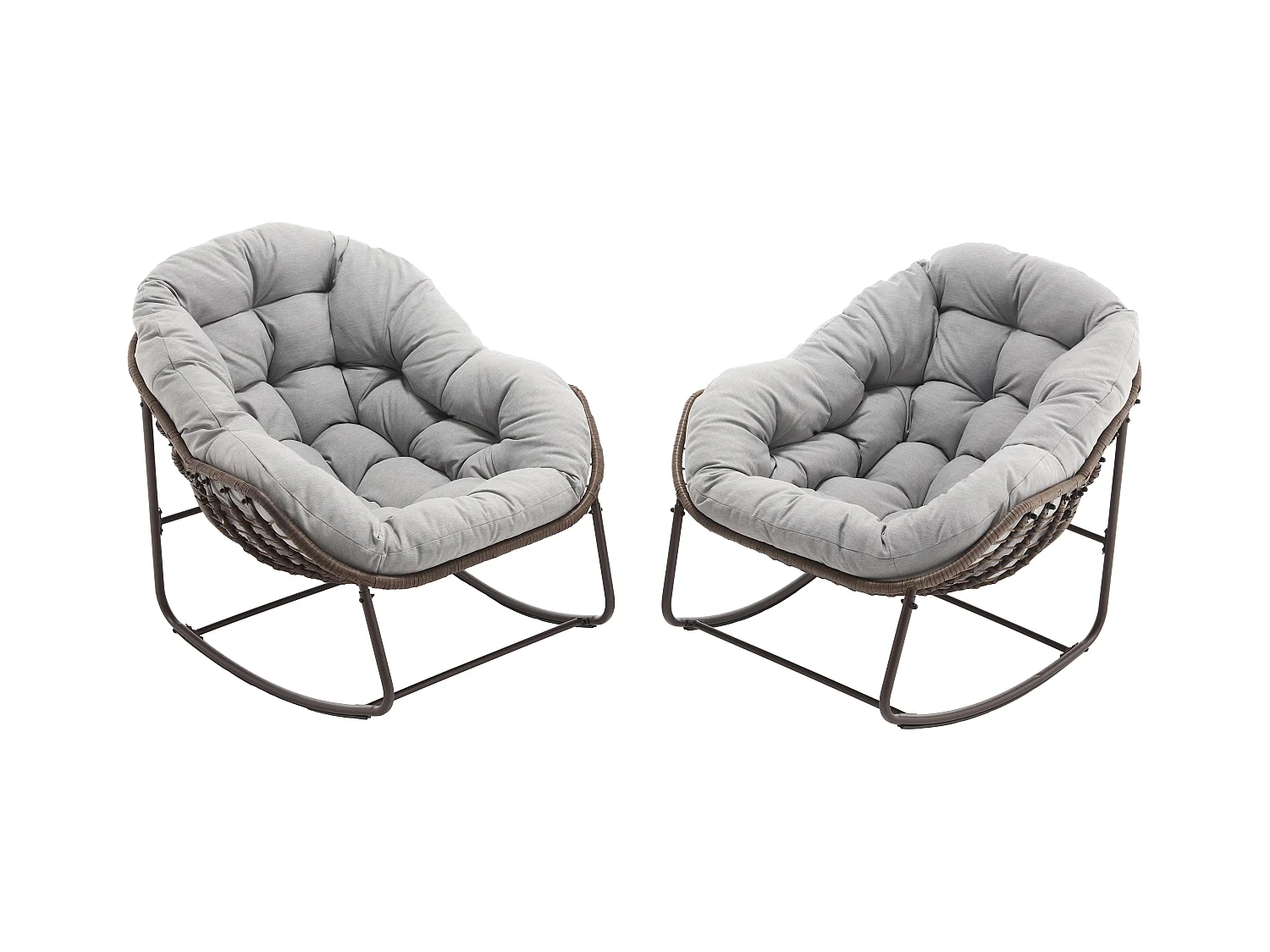 Lot de 2 Fauteuils à Bascule en Rotin Naturel – Forme Œuf et Coussins Gris Clair – Confortable pour Salon, Véranda ou Chambre