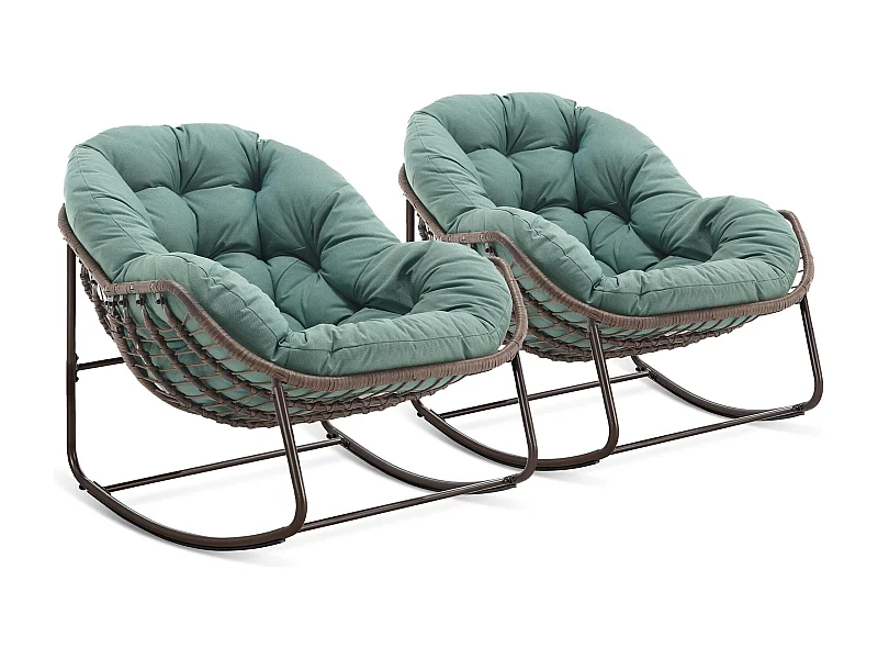 Lot de 2 Fauteuils à Bascule en Rotin Naturel – Forme Œuf et Coussins Vert Clair – Confortable pour Salon, Véranda ou Chambre