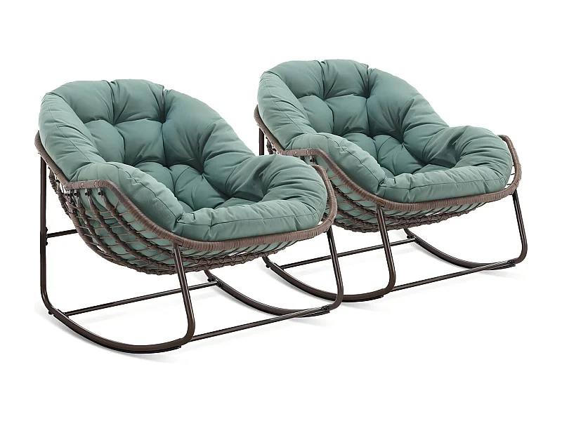 Lot de 2 Fauteuils à Bascule en Rotin Naturel – Forme Œuf et Coussins Vert Clair – Confortable pour Salon, Véranda ou Chambre