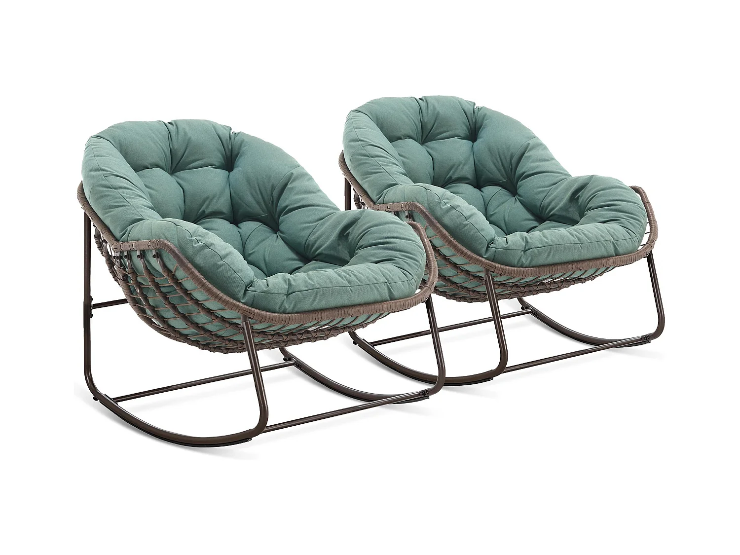 Lot de 2 Fauteuils à Bascule en Rotin Naturel – Forme Œuf et Coussins Vert Clair – Confortable pour Salon, Véranda ou Chambre