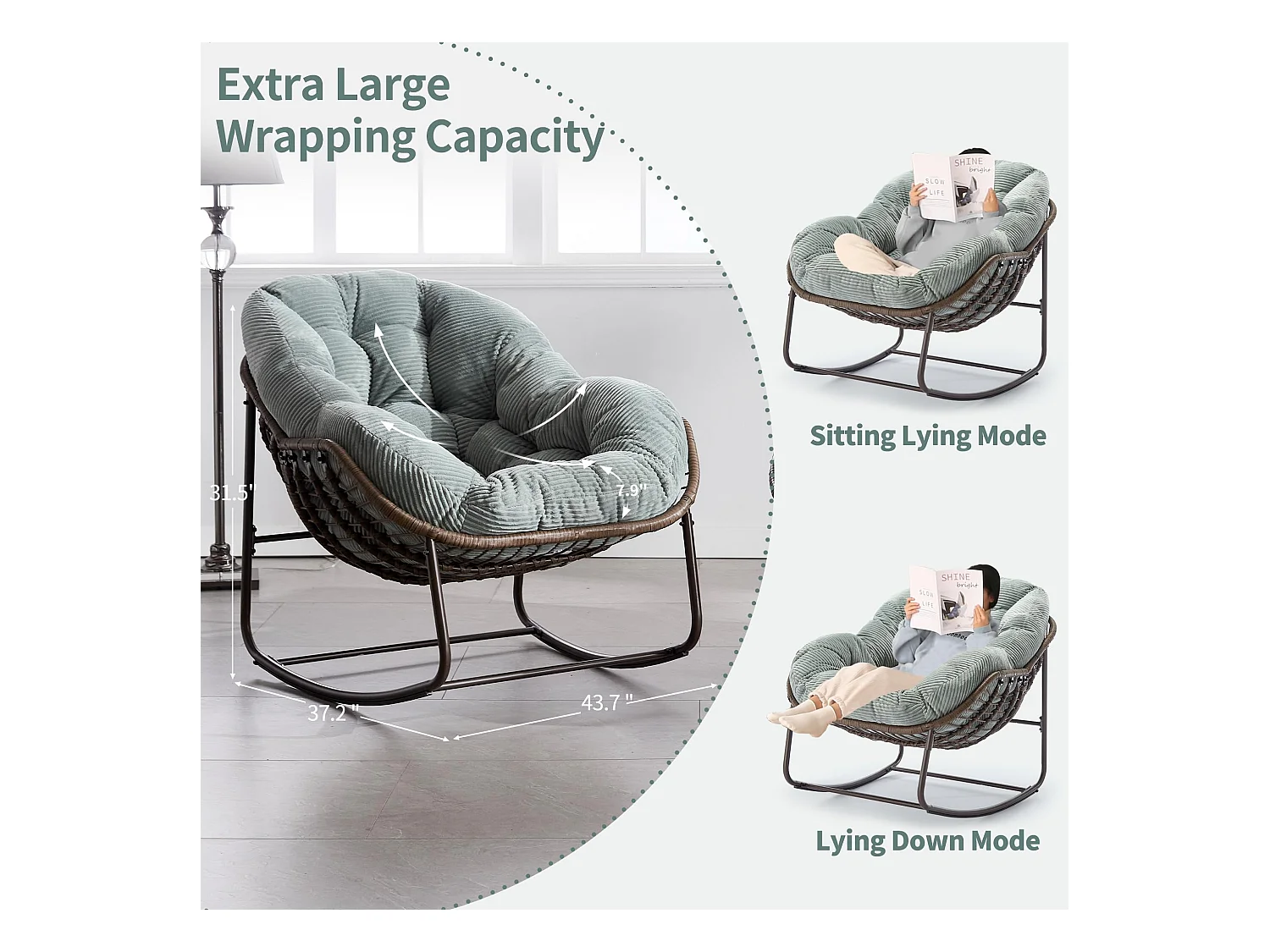 Lot de 2 Fauteuils à Bascule en Rotin Naturel – Forme Œuf et Coussins Vert Clair – Confortable pour Salon, Véranda ou Chambre