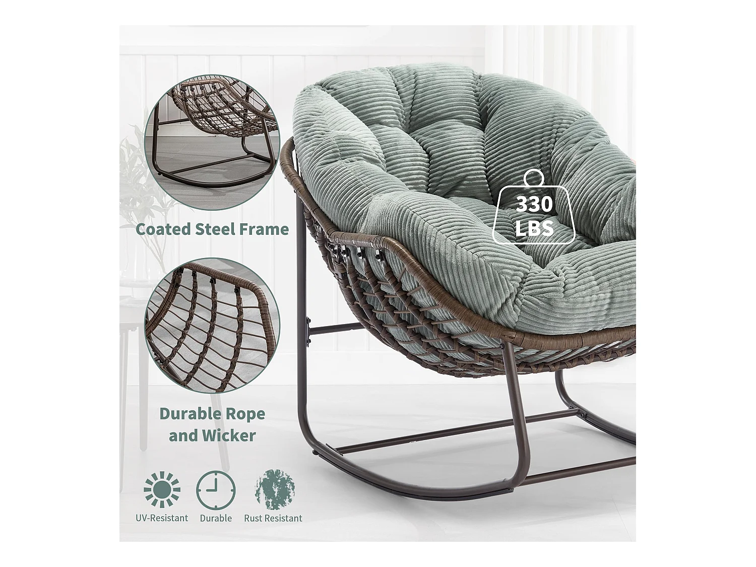 Lot de 2 Fauteuils à Bascule en Rotin Naturel – Forme Œuf et Coussins Vert Clair – Confortable pour Salon, Véranda ou Chambre